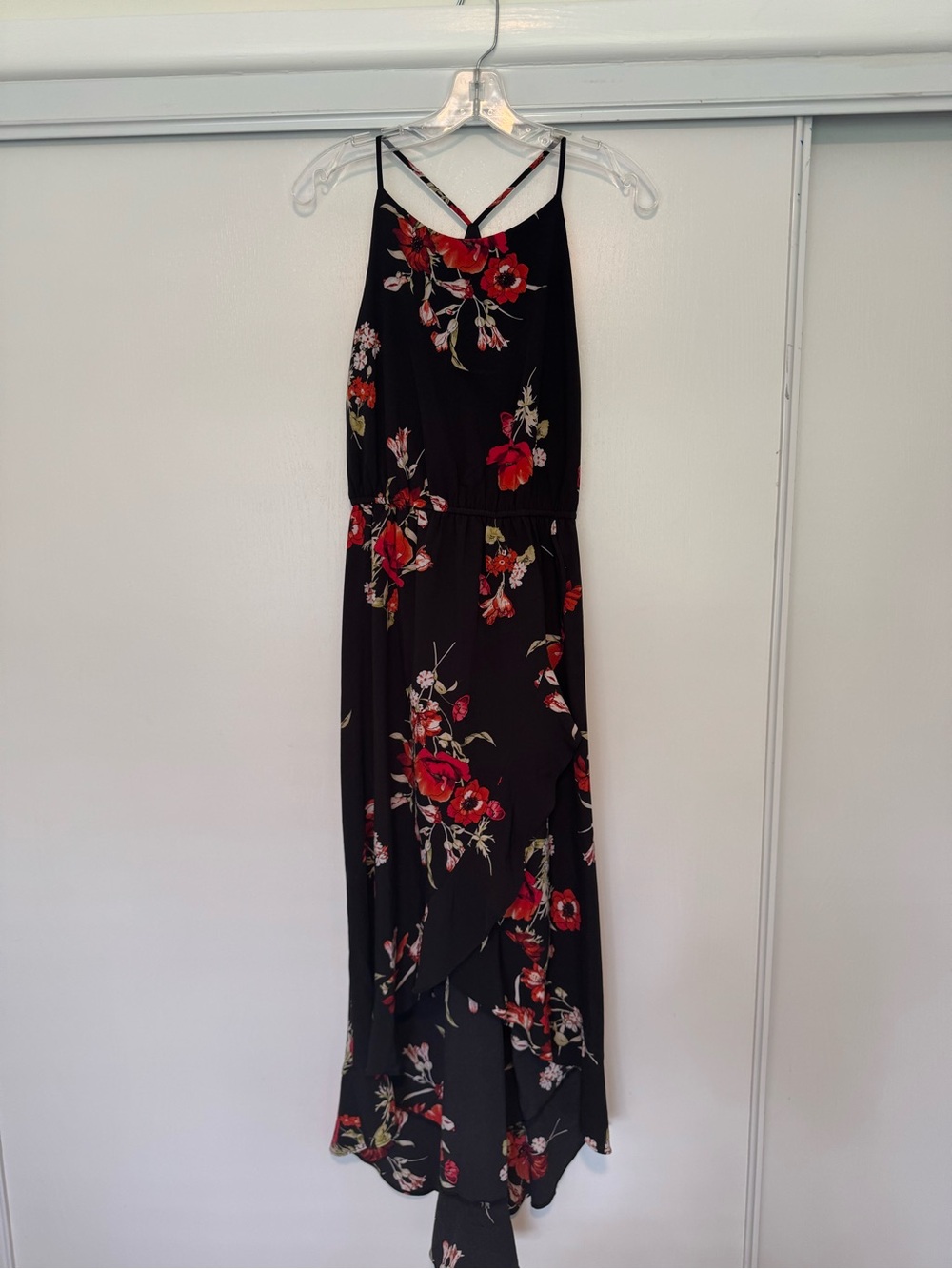 Soprano Black Maxi Dress with Red Floral Print